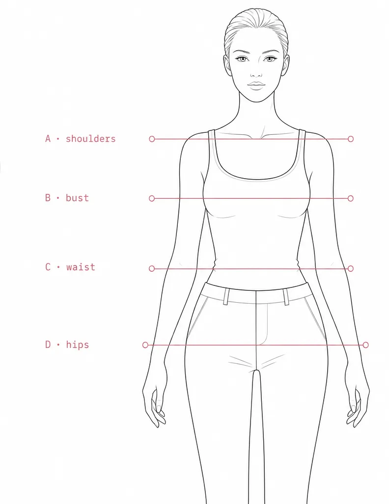 Line drawing of a standing figure with four measurement lines: shoulders, bust, waist and hips