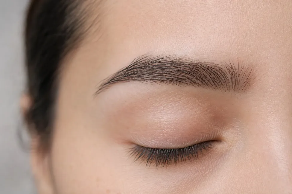 Close-up of a natural eyebrow with a soft arch above a closed eye