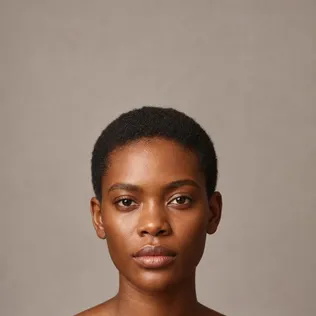 Woman with a square face and very short natural hair, photographed straight on against a warm grey backdrop