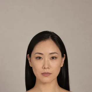 Woman with a heart-shaped face, wider forehead and narrow chin, long straight black hair tucked behind her ears