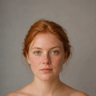 Woman with a round face, freckles and copper hair pulled back, photographed straight on