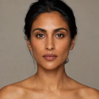 Woman with an oblong face, high cheekbones and dark hair in a low bun, photographed straight on