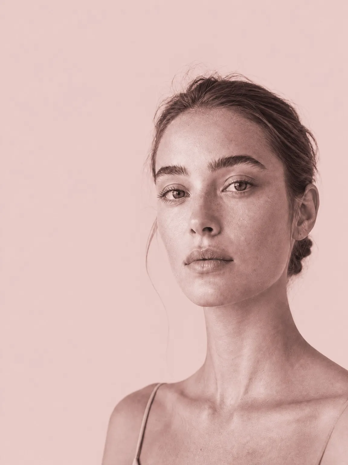 Portrait of a woman in a soft rose tone, used to show feature measurements