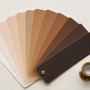 A fan of skin-tone swatch cards from very fair to deep brown on warm paper, with a brass loupe
