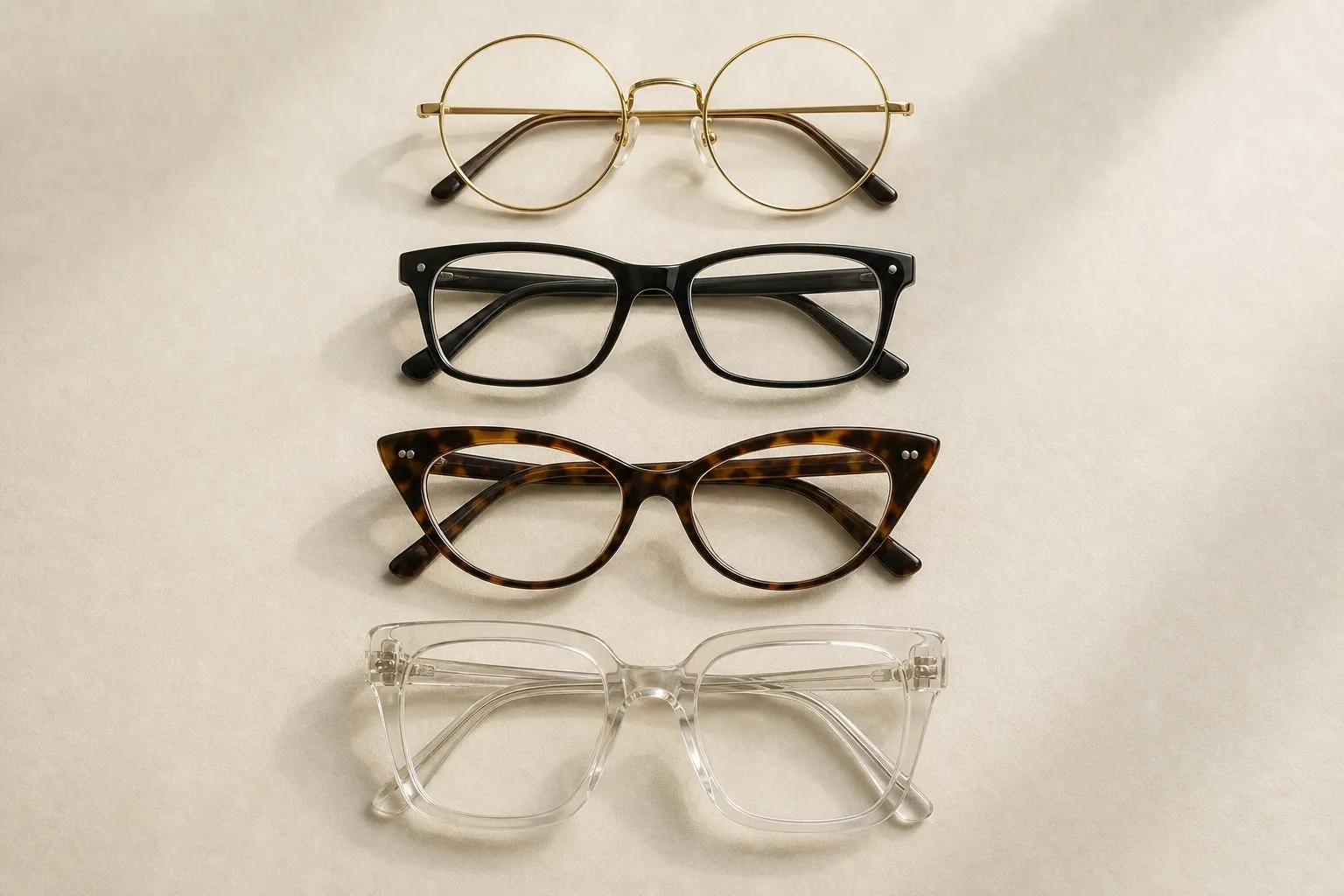 Four pairs of glasses on warm paper: round gold wire, rectangular black acetate, tortoiseshell cat-eye and oversized clear square frames
