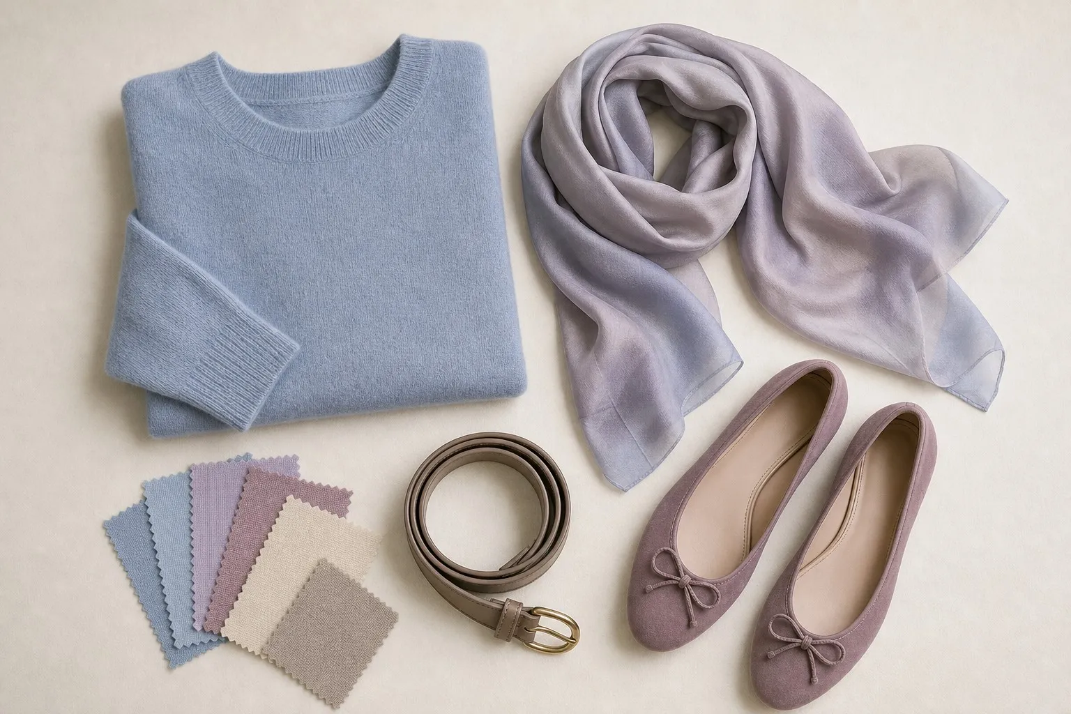 A soft summer capsule wardrobe flat lay: dusty blue sweater, grey-lavender scarf, mauve flats and a taupe belt